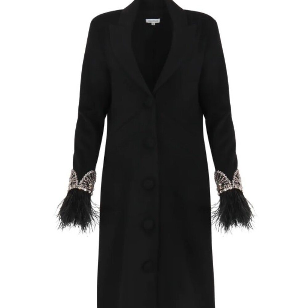 Women's Designer Cashmere and Wool Long Coat Crystal feather trim extra small